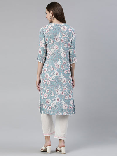 Neerus Blue Regular Knee Length Printed Kurta Solid Trousers