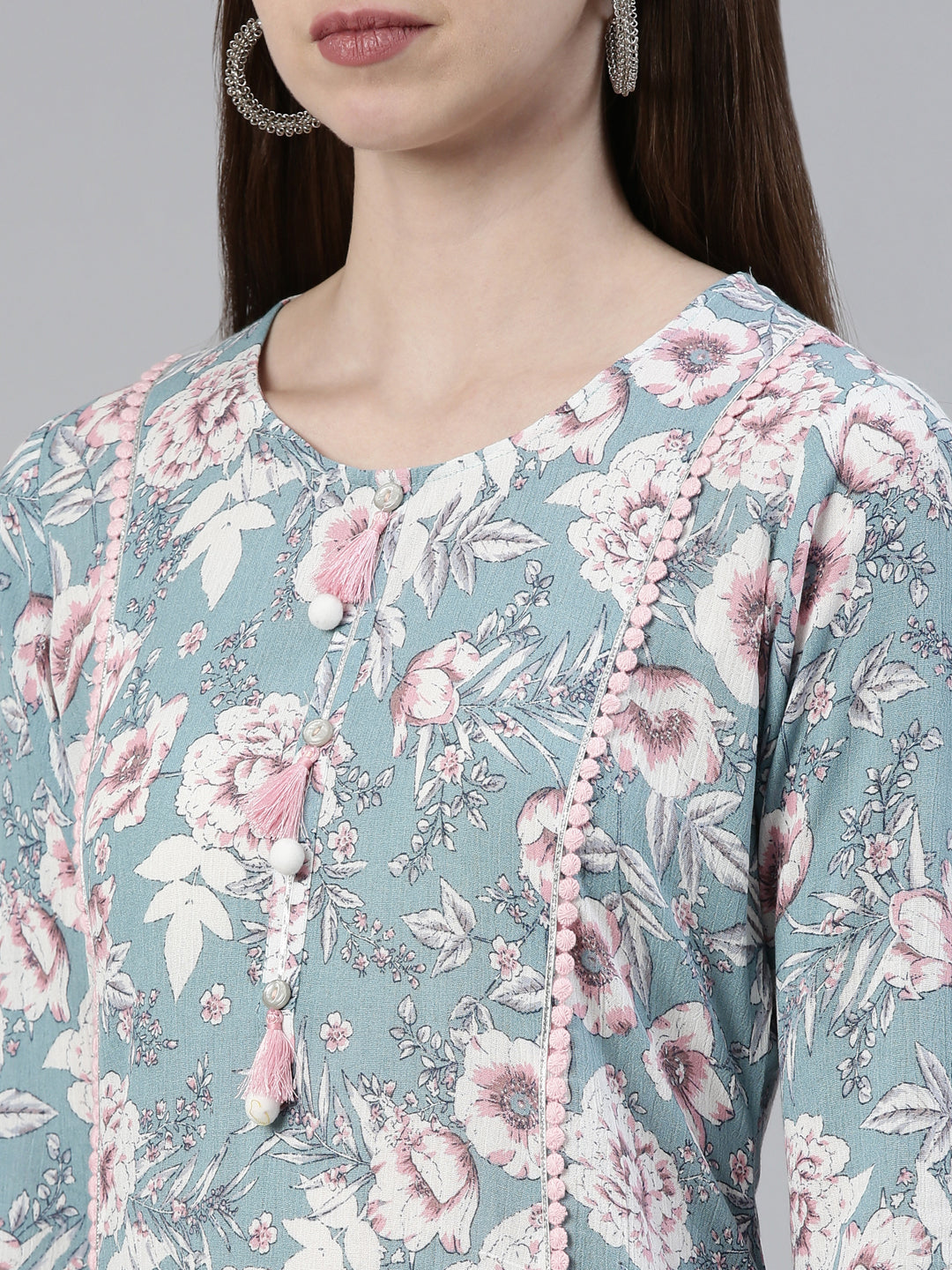 Neerus Blue Regular Knee Length Printed Kurta Solid Trousers