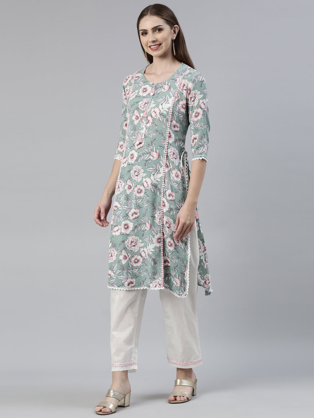 Neerus Green Regular Knee Length Printed Kurta Solid Trousers