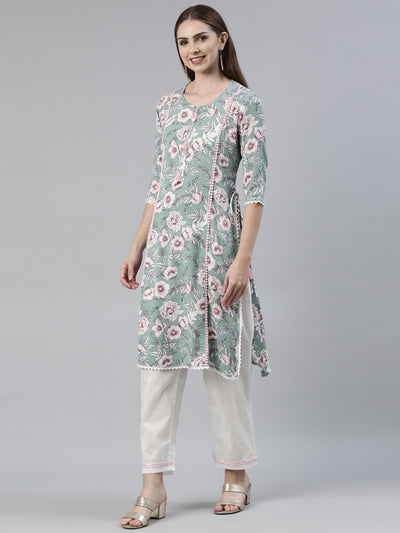 Neerus Green Regular Knee Length Printed Kurta Solid Trousers