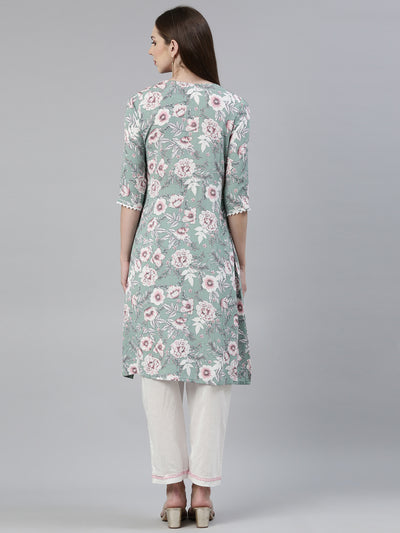 Neerus Green Regular Knee Length Printed Kurta Solid Trousers