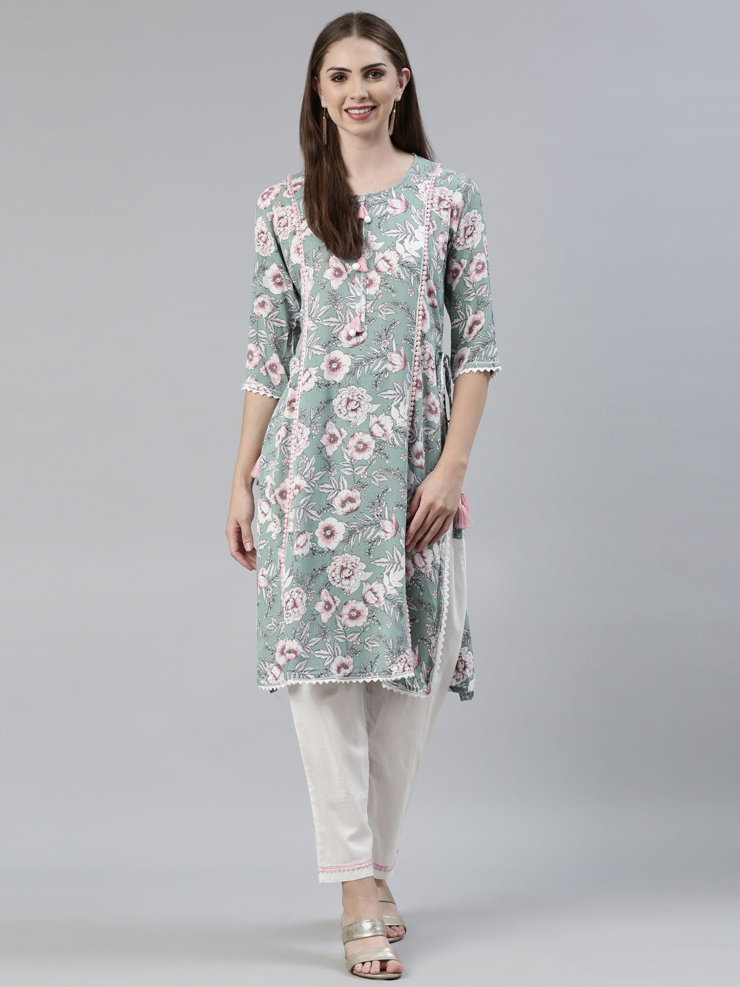 Neerus Green Regular Knee Length Printed Kurta Solid Trousers