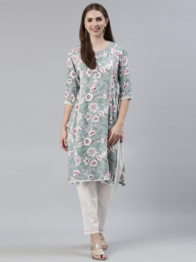 Neerus Green Regular Knee Length Printed Kurta Solid Trousers