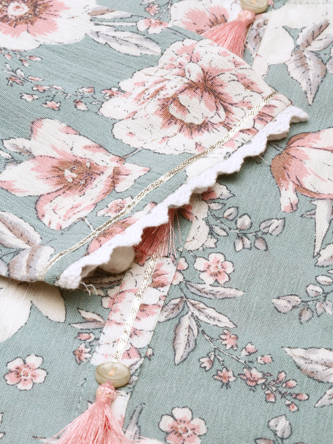 Neerus Green Regular Knee Length Printed Kurta Solid Trousers