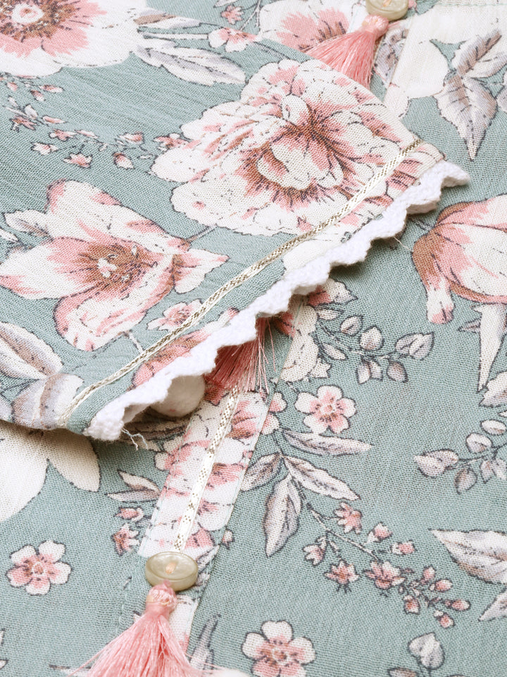 Neerus Green Regular Knee Length Printed Kurta Solid Trousers