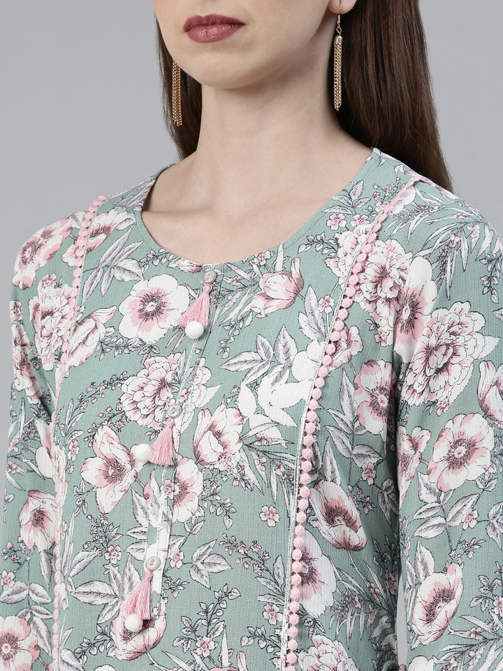 Neerus Green Regular Knee Length Printed Kurta Solid Trousers