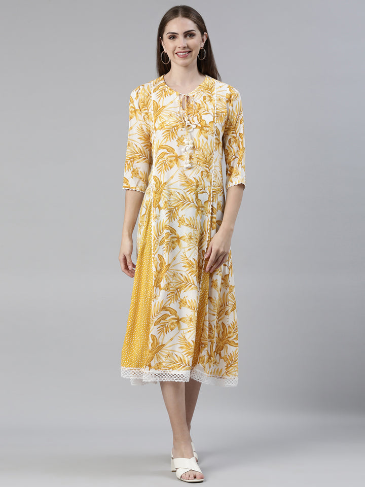 Neerus Yellow chiffon printed A-line kurti - front view