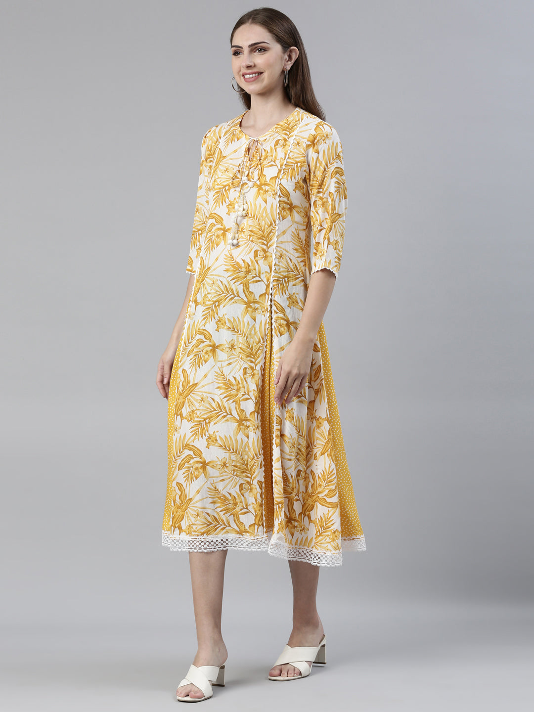 Neerus Yellow chiffon printed A-line kurti - back view
