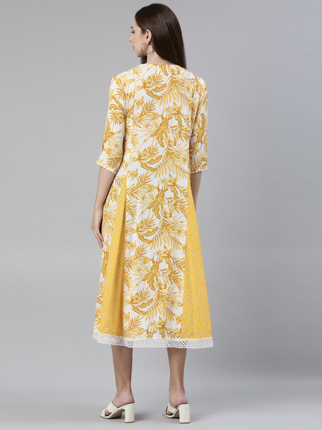 Neerus Yellow chiffon printed A-line kurti - side view