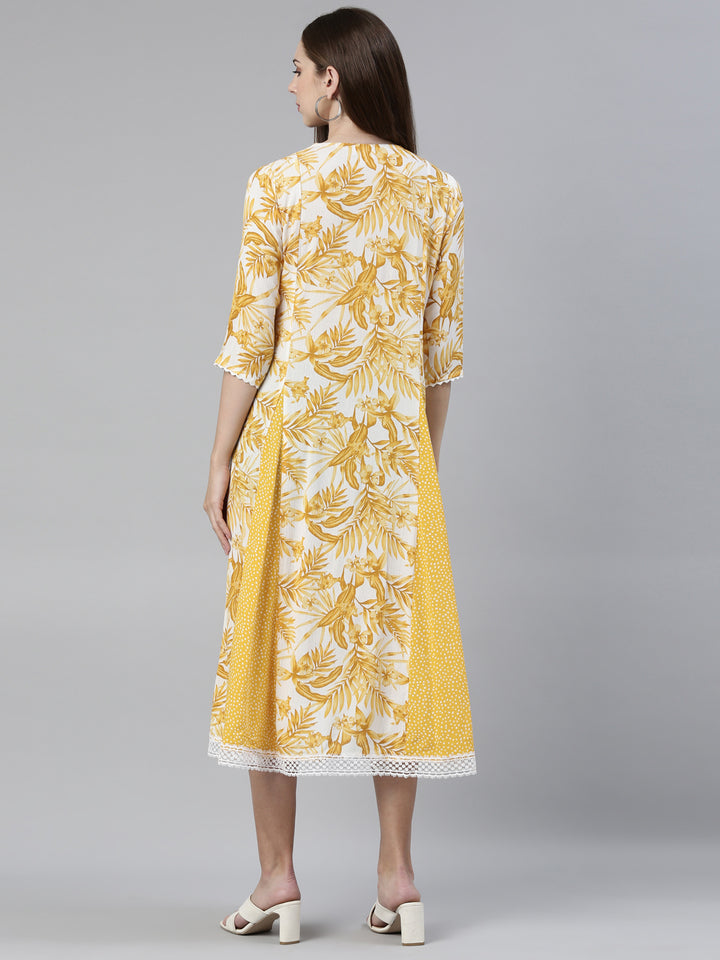 Neerus Yellow chiffon printed A-line kurti - side view
