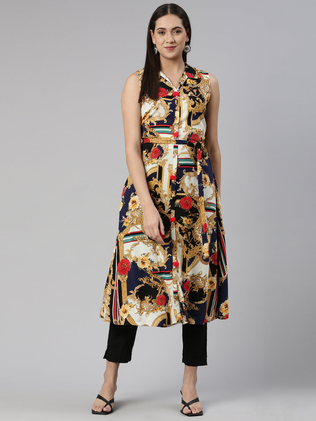 Neerus Blue cotton silk printed A-Line kurta - front view