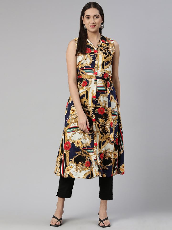 Neerus Blue cotton silk printed A-Line kurta - front view