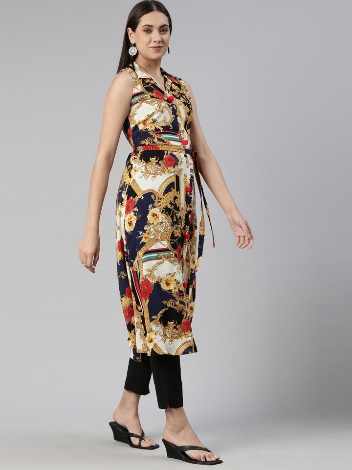 Neerus Blue cotton silk printed A-Line kurta - back view