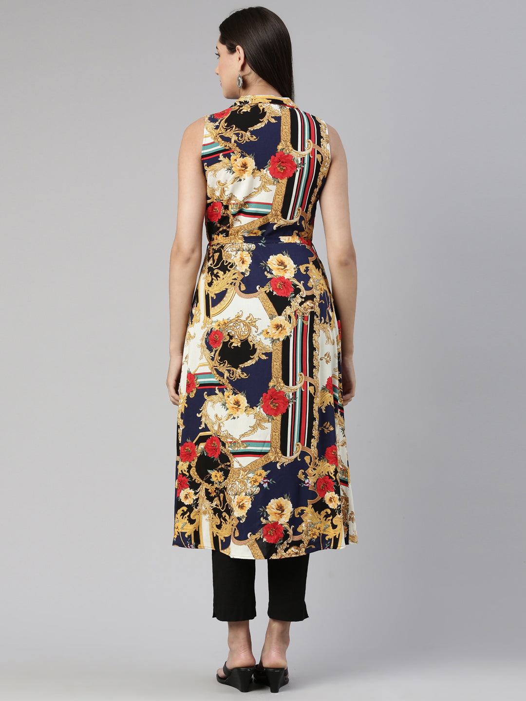 Neerus Blue cotton silk printed A-Line kurta - side view