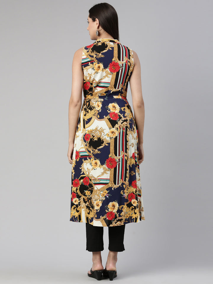 Neerus Blue cotton silk printed A-Line kurta - side view