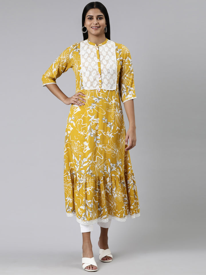 Neerus Mustard Straight Printed Viscose Rayon Kurta