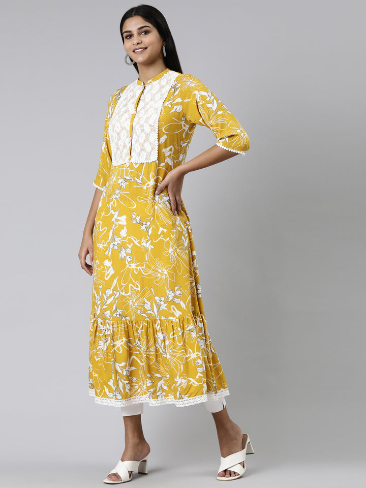 Neerus Mustard Straight Printed Viscose Rayon Kurta