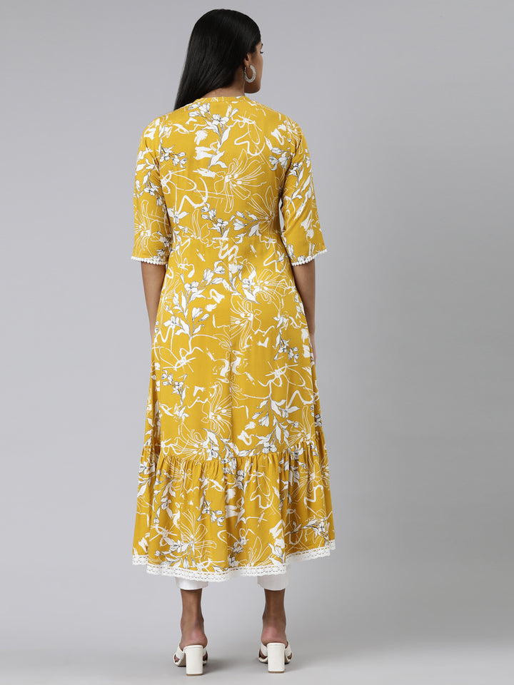 Neerus Mustard Straight Printed Viscose Rayon Kurta