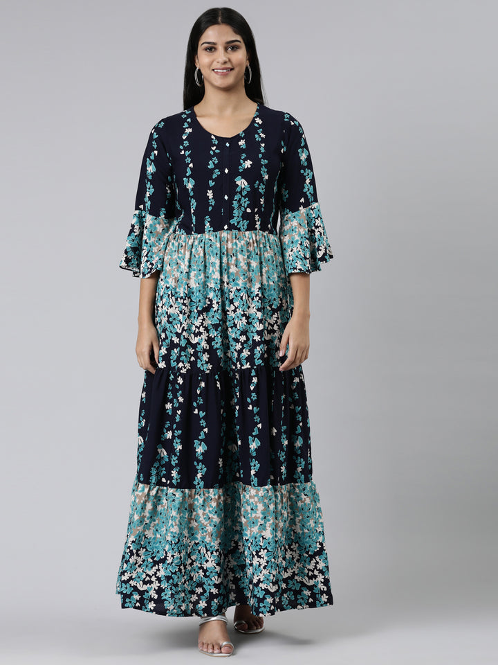 Neerus Navy Blue Straight Printed Viscose Rayon Kurtas