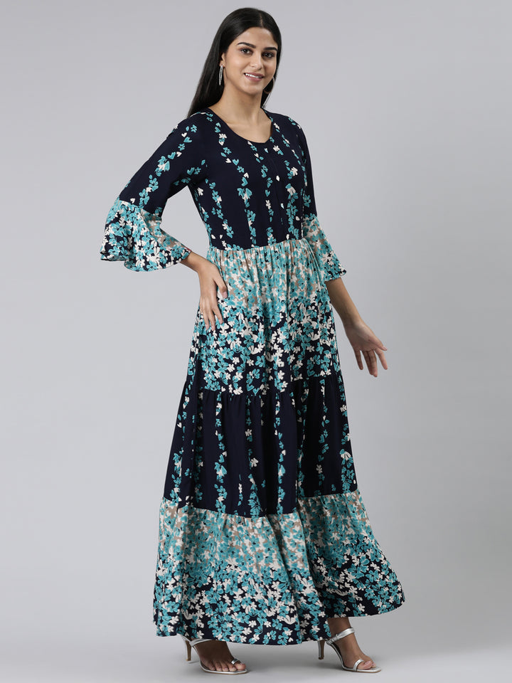 Neerus Navy Blue Straight Printed Viscose Rayon Kurtas