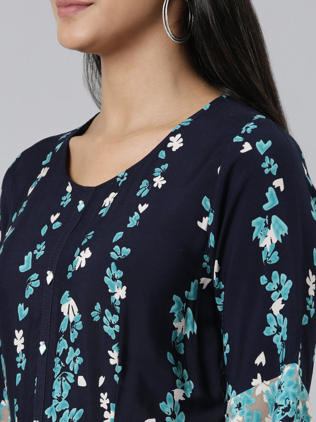 Neerus Navy Blue Straight Printed Viscose Rayon Kurtas