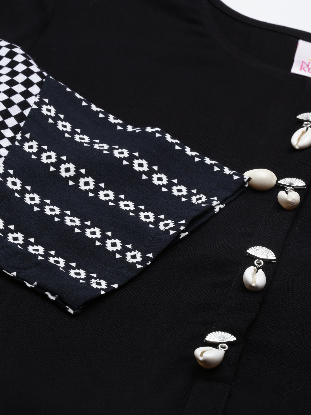 Neerus Black cotton straight kurta with round neck - detail view 2