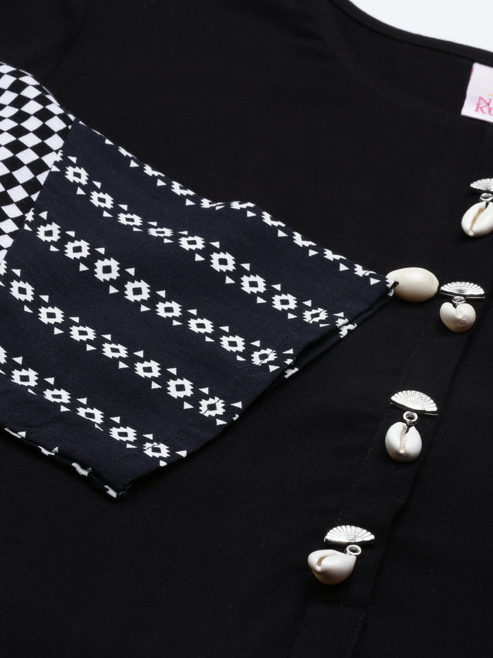 Neerus Black cotton straight kurta with round neck - detail view 2