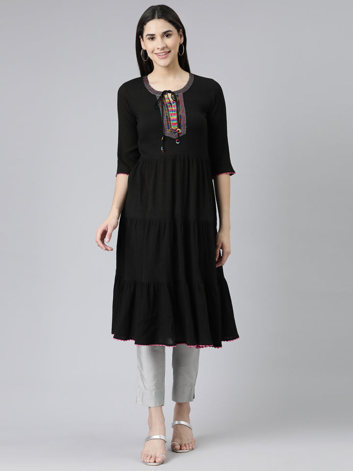 Neerus Black Straight Solid Chiffon Kurtas