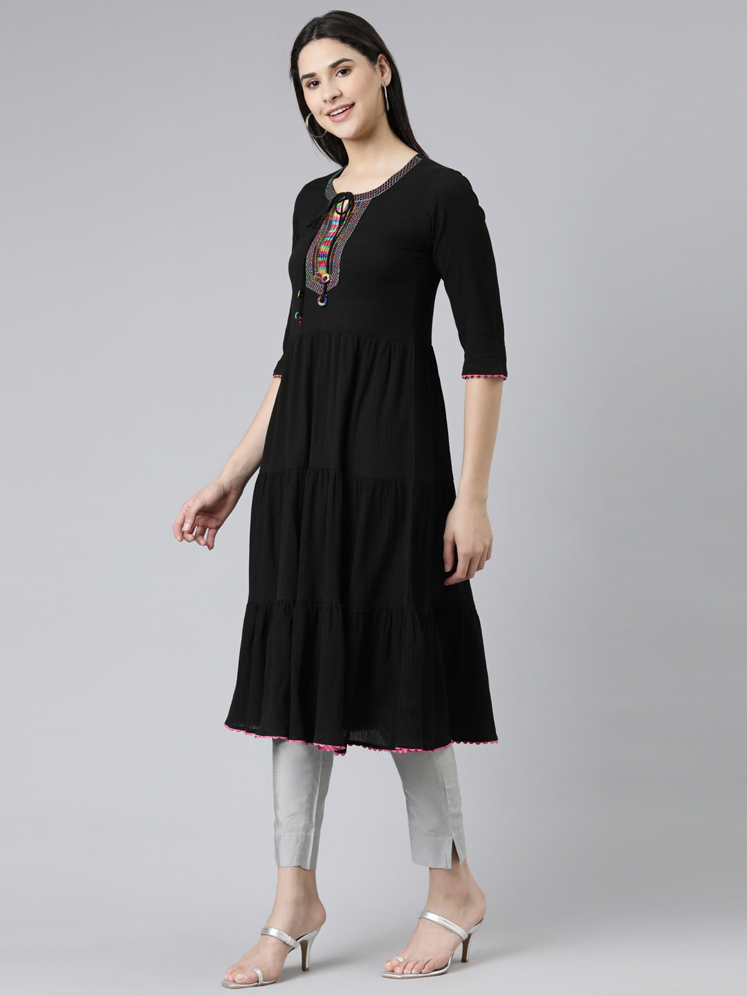 Neerus Black Straight Solid Chiffon Kurtas
