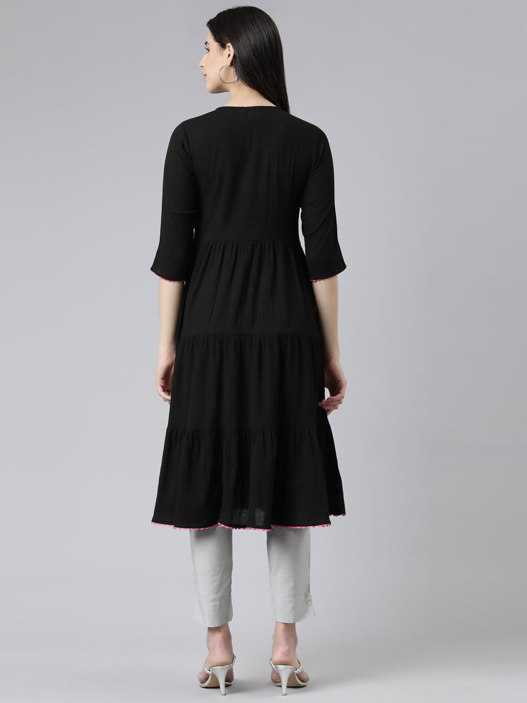 Neerus Black Straight Solid Chiffon Kurtas