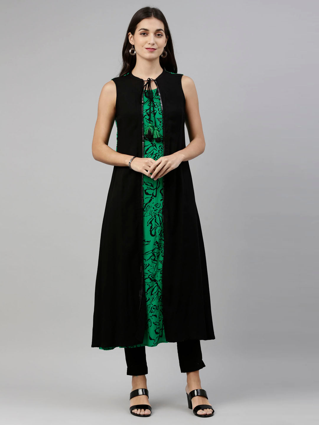 Neerus Green Viscose Rayon Embroidered Kurti - front view