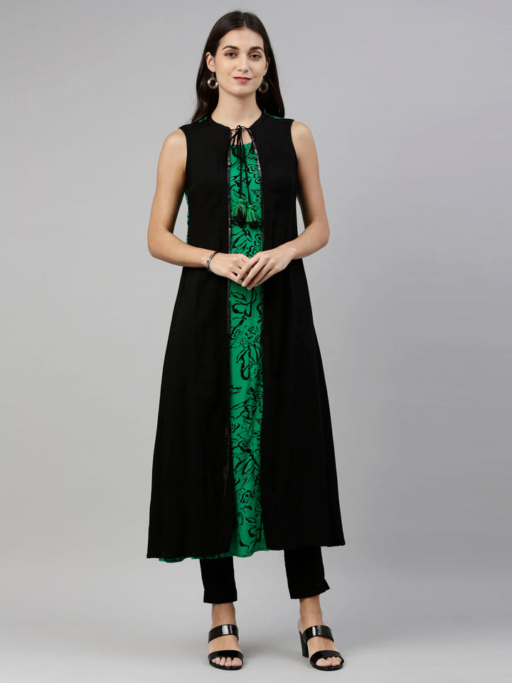 Neerus Green Viscose Rayon Embroidered Kurti - front view