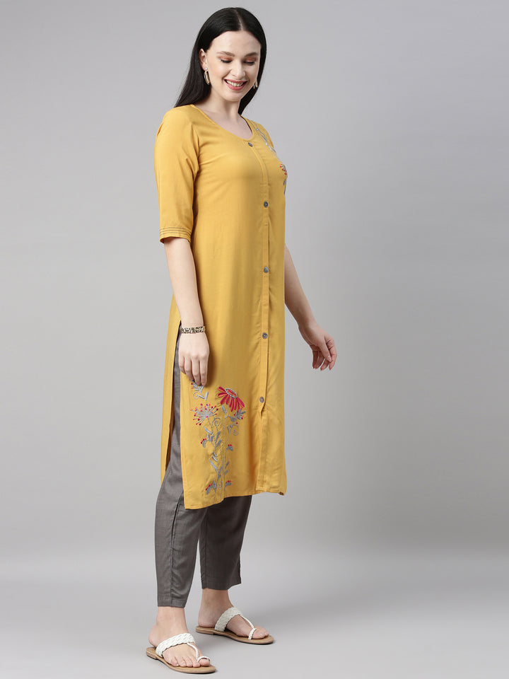 Neerus Yellow Viscose Rayon Embroidered Kurta Set - detail view 1