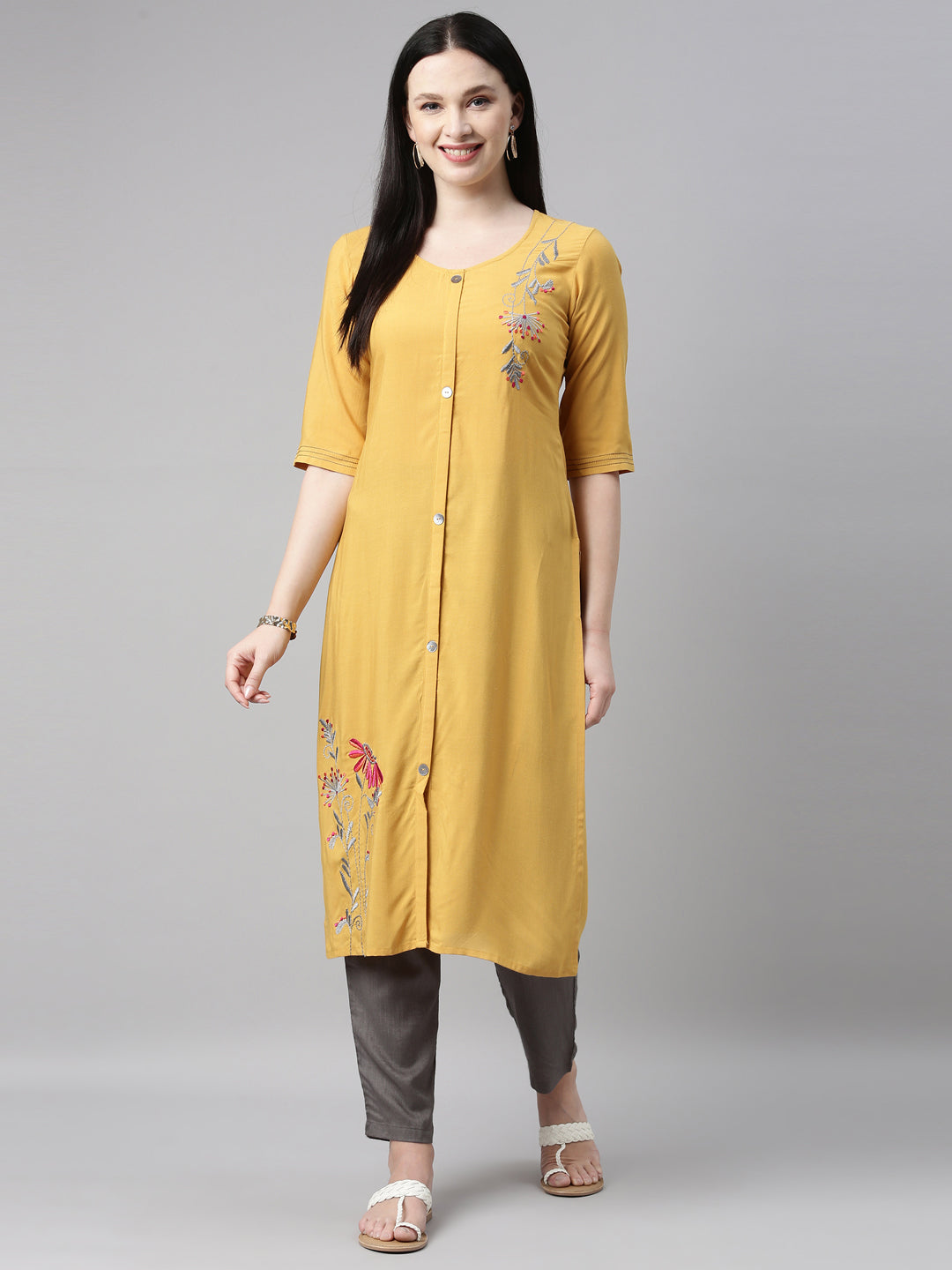 Neeru'S mustard color, rayon fabric kurta set