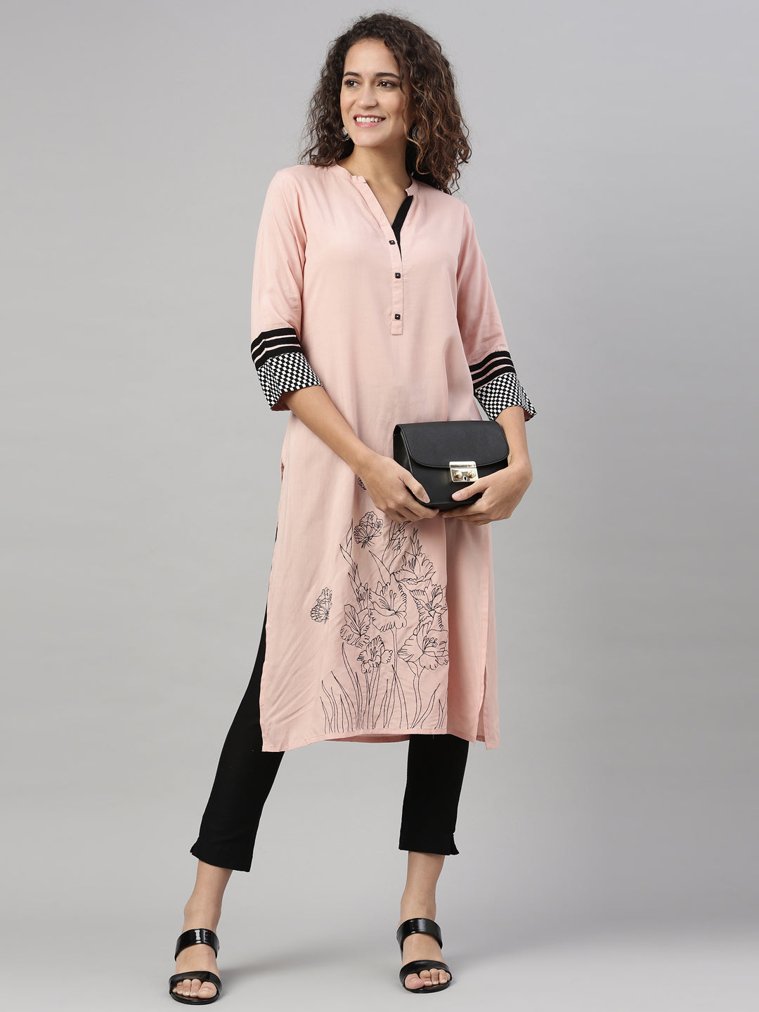 Neerus Peach Color Rayon Fabric Kurta