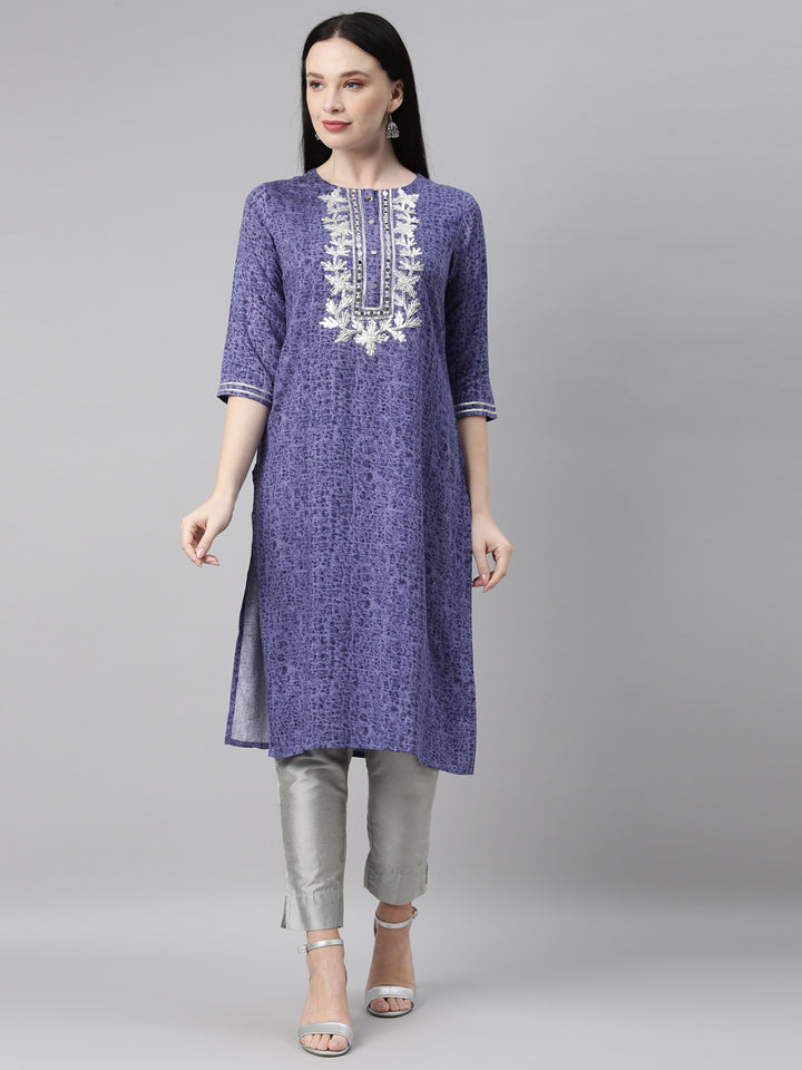 Neerus Blue printed straight kurti - front view