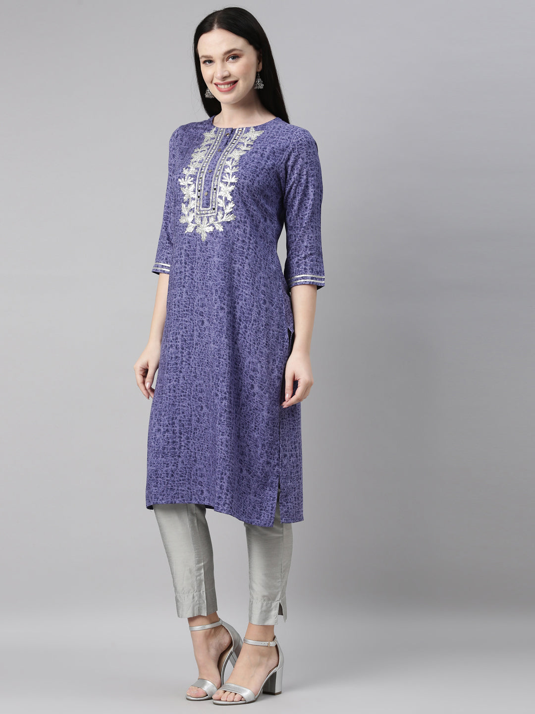 Neerus Blue printed straight kurti - side view