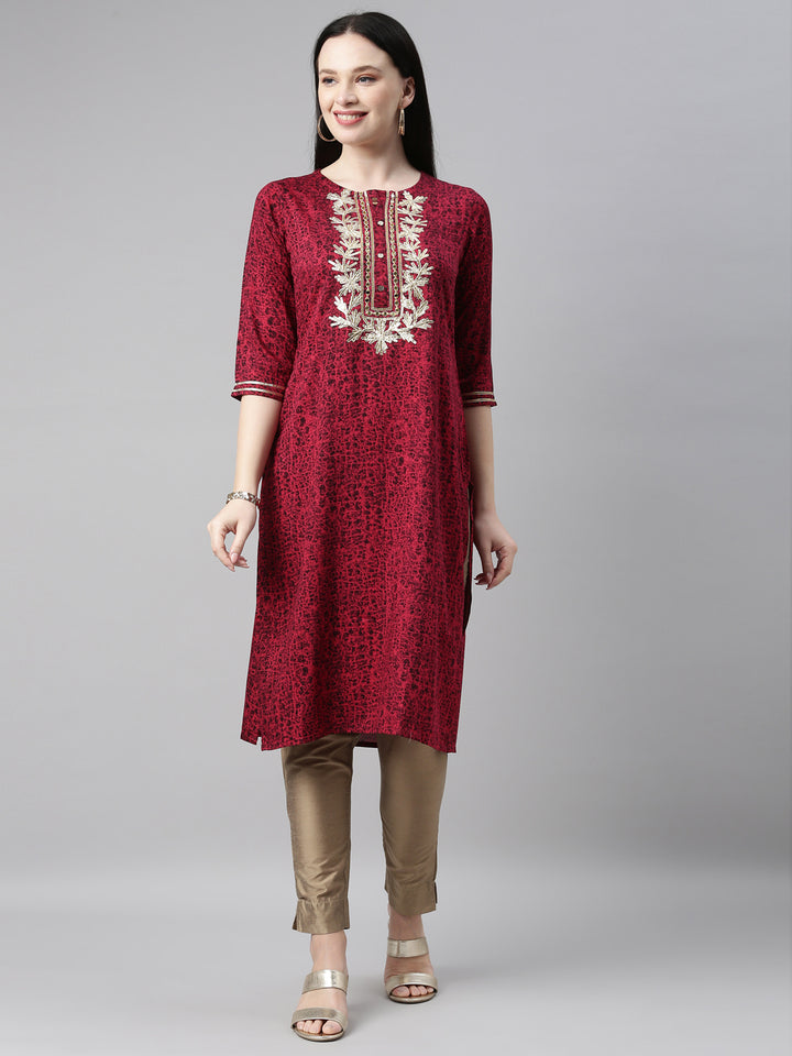 Neerus Rani Pink Color Printed Fabric Kurta