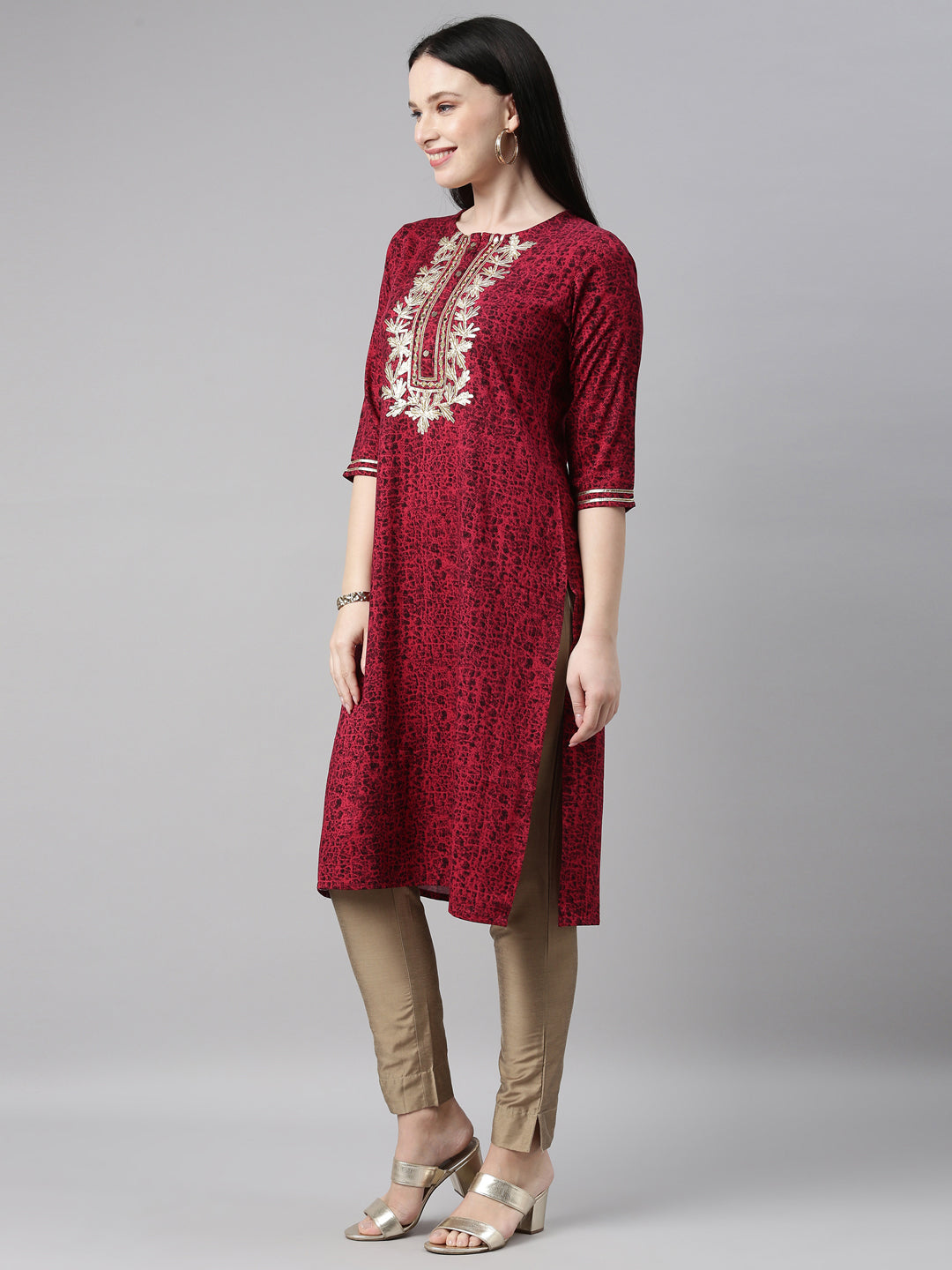 Neerus Rani Pink Color Printed Fabric Kurta