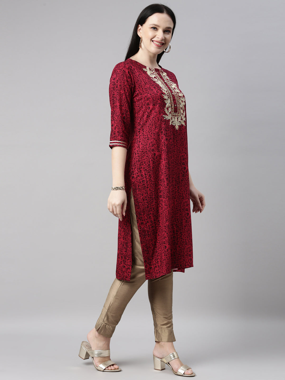 Neerus Rani Pink Color Printed Fabric Kurta