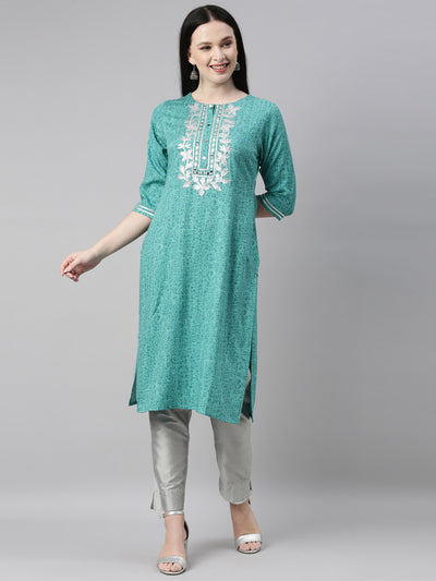 Neeru'S sea green color, printed fabric kurta