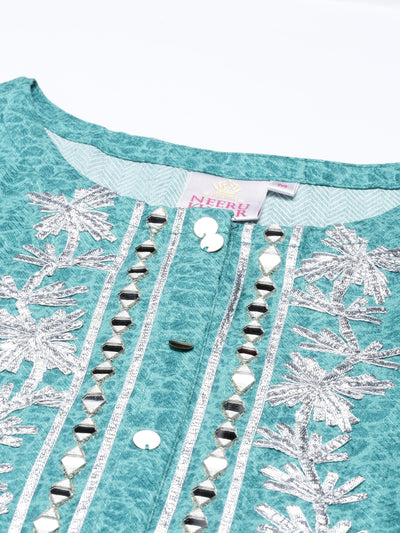 Neeru'S sea green color, printed fabric kurta
