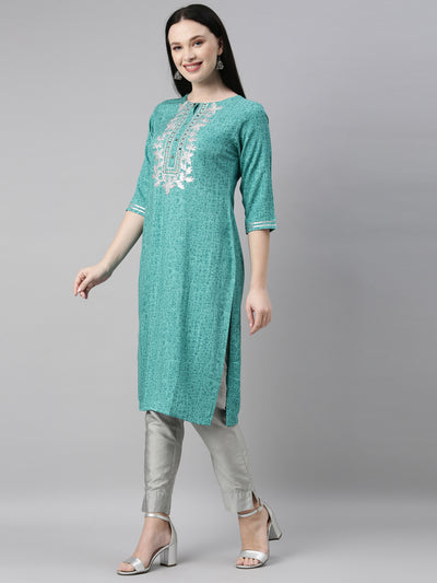 Neeru'S sea green color, printed fabric kurta