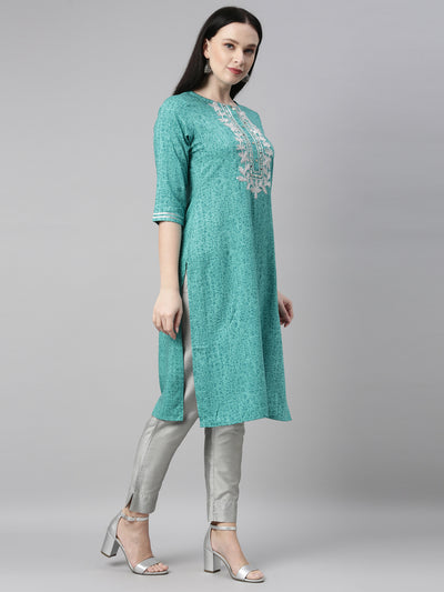 Neeru'S sea green color, printed fabric kurta