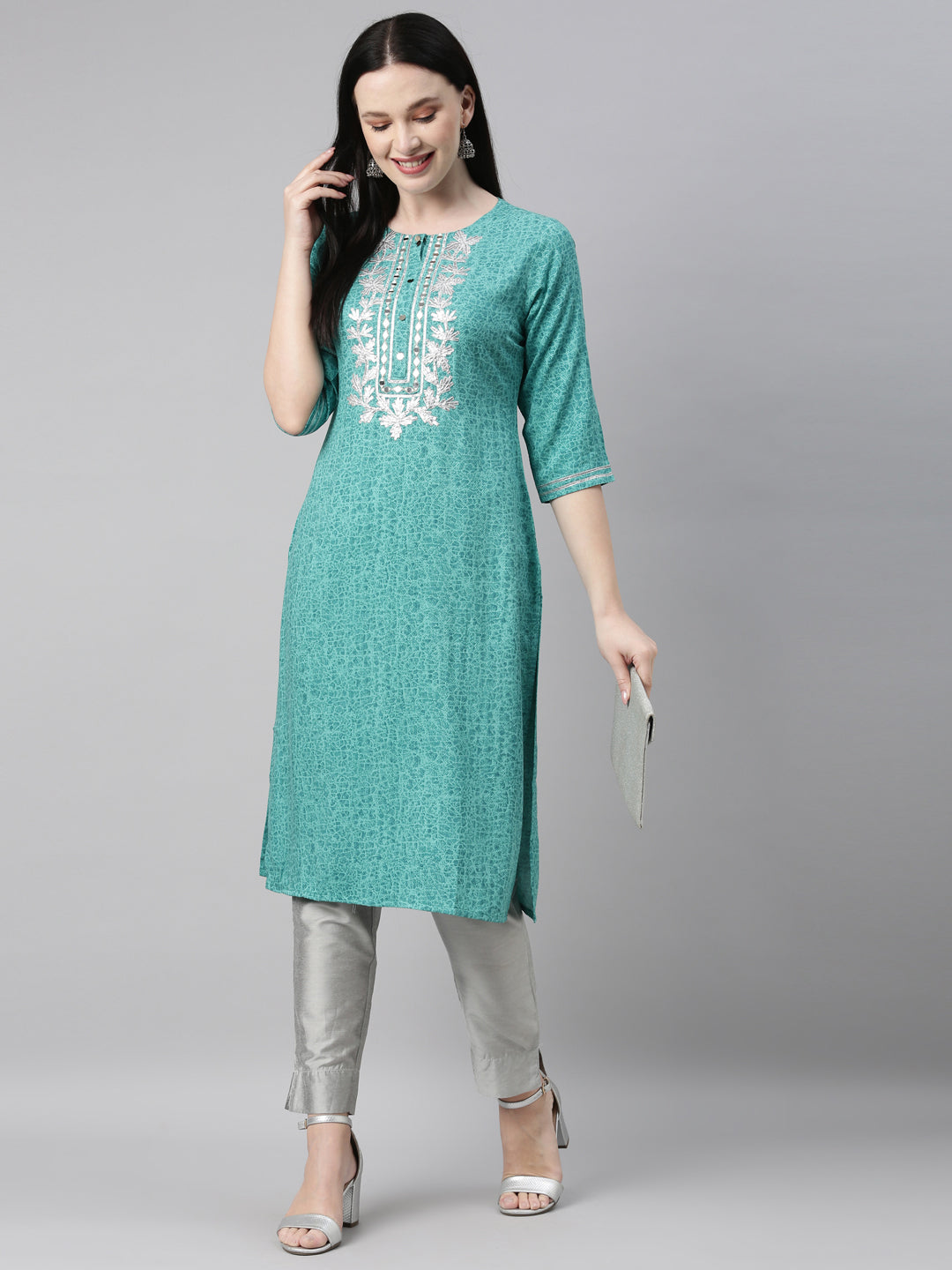Neerus Green printed straight kurti by Neerus - front view