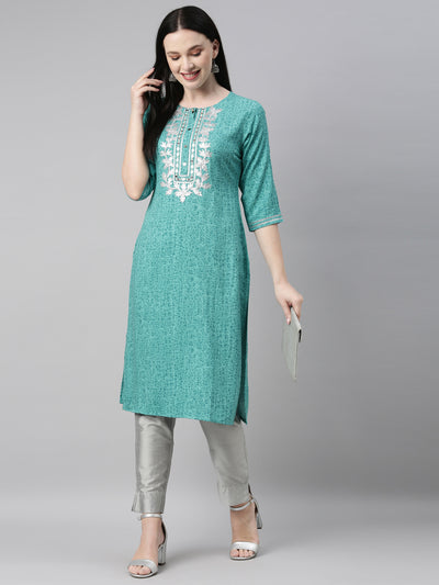 Neeru'S sea green color, printed fabric kurta