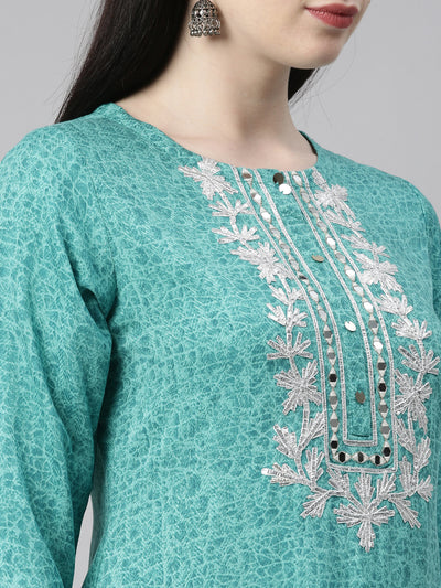 Neeru'S sea green color, printed fabric kurta