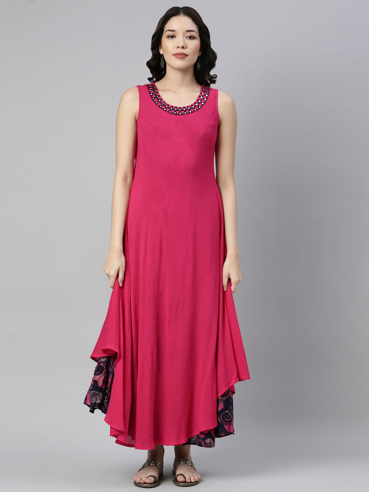 Neerus Pink chiffon mirror work kurti - detail view 3
