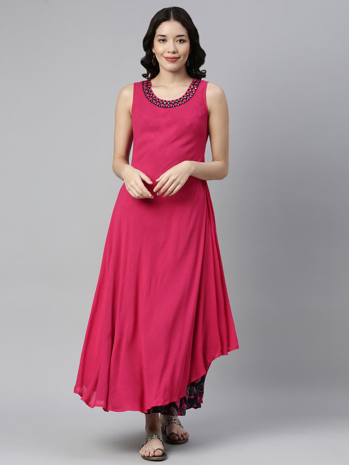 Neerus Pink chiffon mirror work kurti - detail view 1