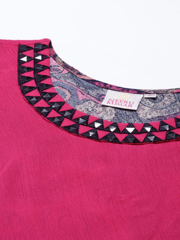 Neerus Pink chiffon mirror work kurti - detail view 2